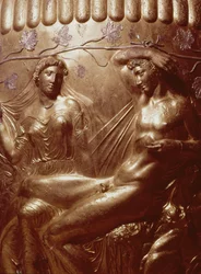 Detalhe do Dherveni Krater representando Dionísio e Ariadne bronze dourado